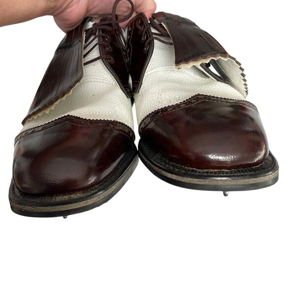 Vintage Etonic Wingtip Golf Shoes Men 11.5 D Metal Spikes Leather Brown White - Picture 5 of 11